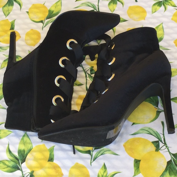 Black Velvet Lace Up Booties - Picture 6 of 6